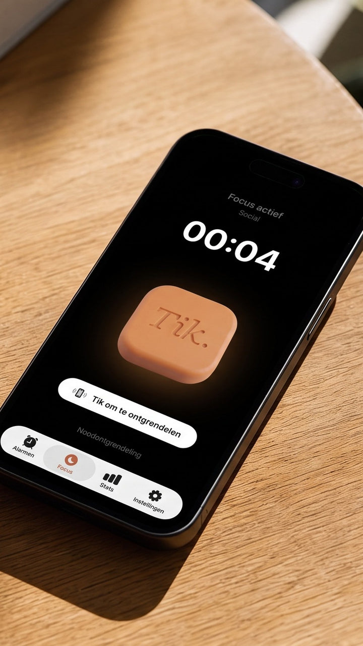 Een iPhone op een eikenhouten tafel. Het scherm toont Focus actief, een timer op 00:04 en de knop Tik om te ontgrendelen.
